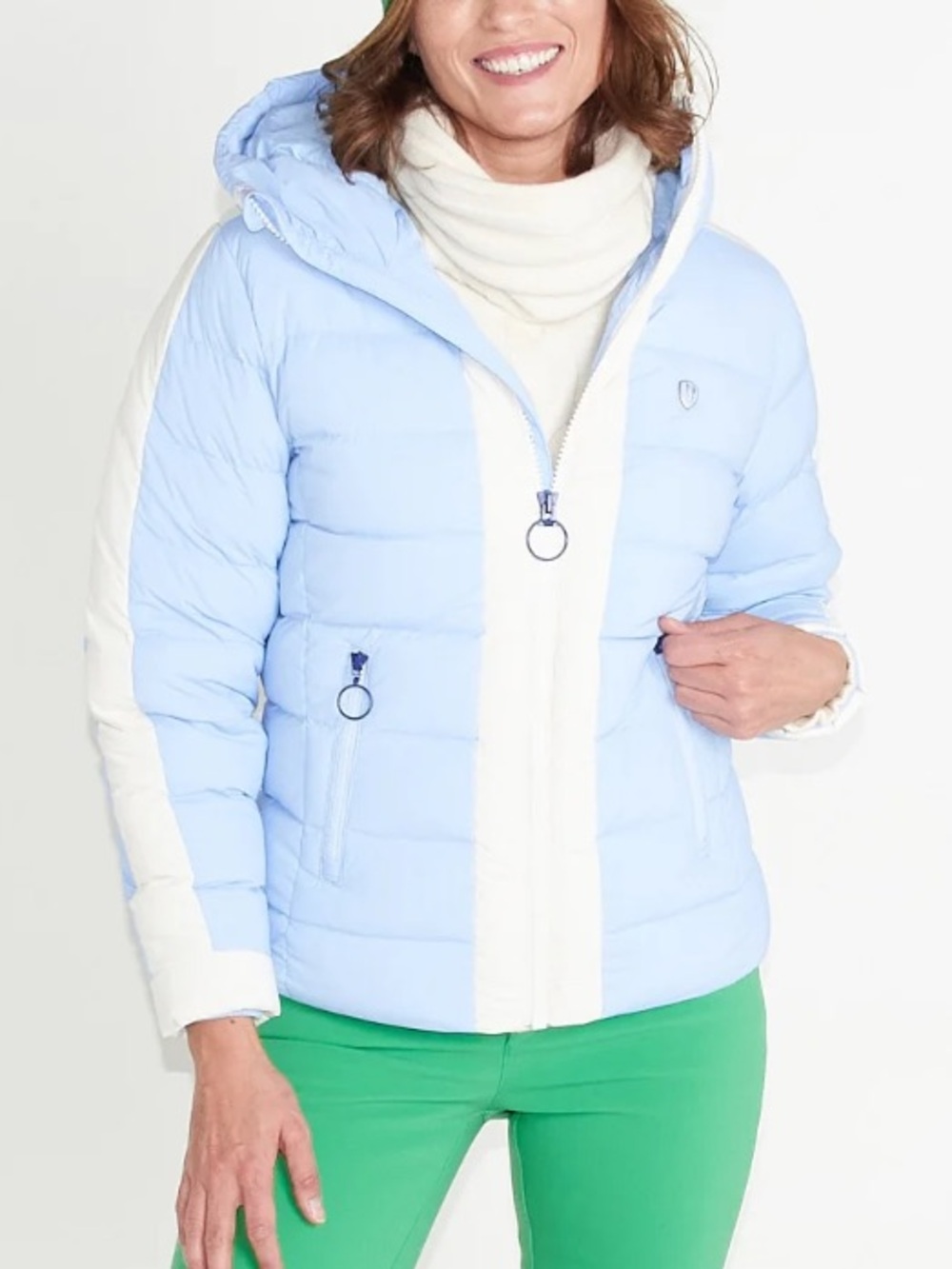 Neve by CK Bradley light blue and white duck down puffer ski coat